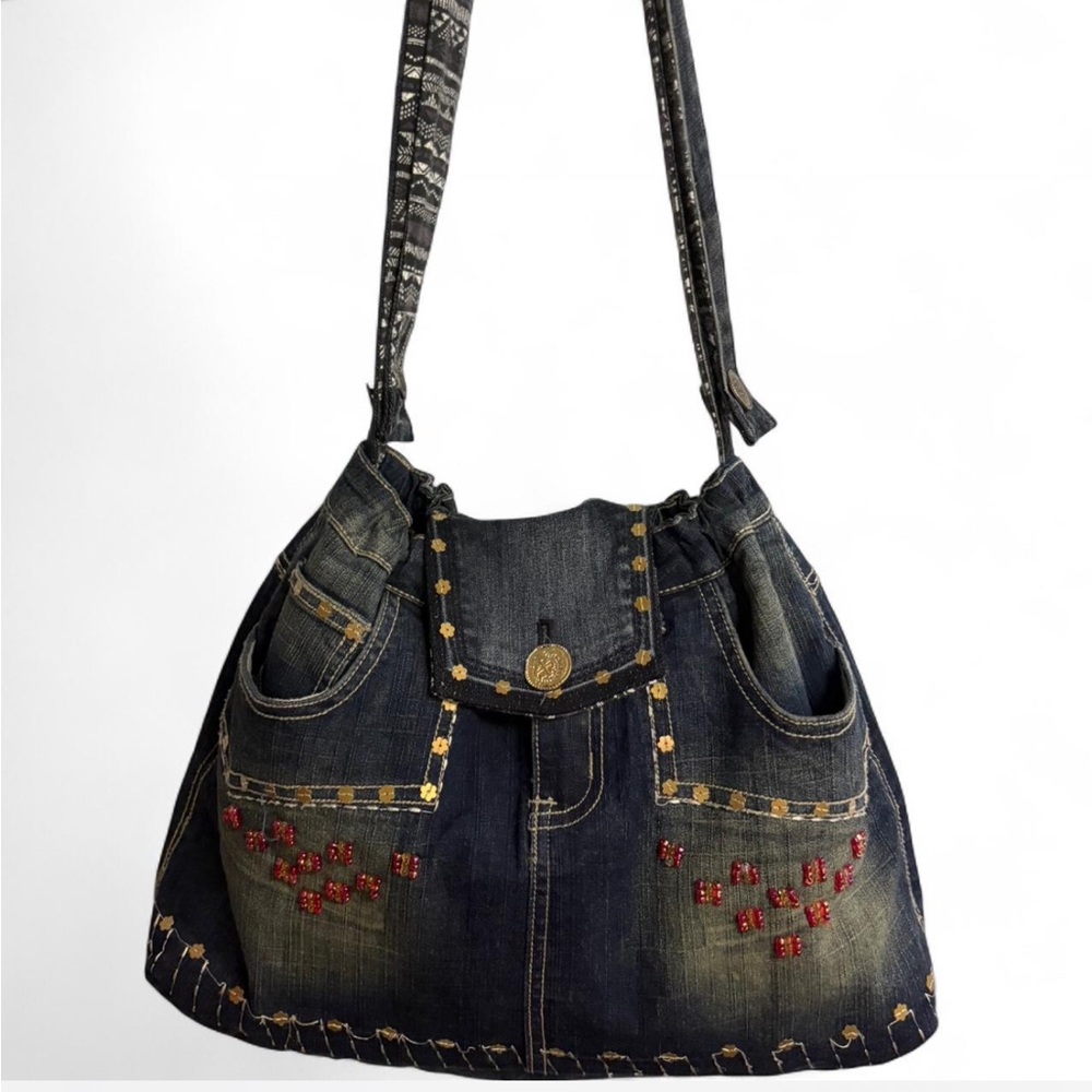 Embroidered Denim Shoulder Bag